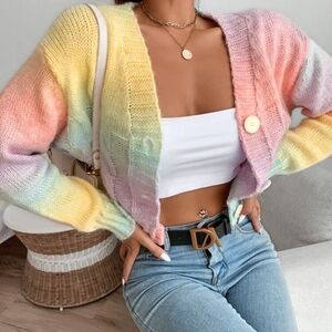 Pastel Rainbow Cropped Cardigan Sweater Size Small Cable Knit Button Front